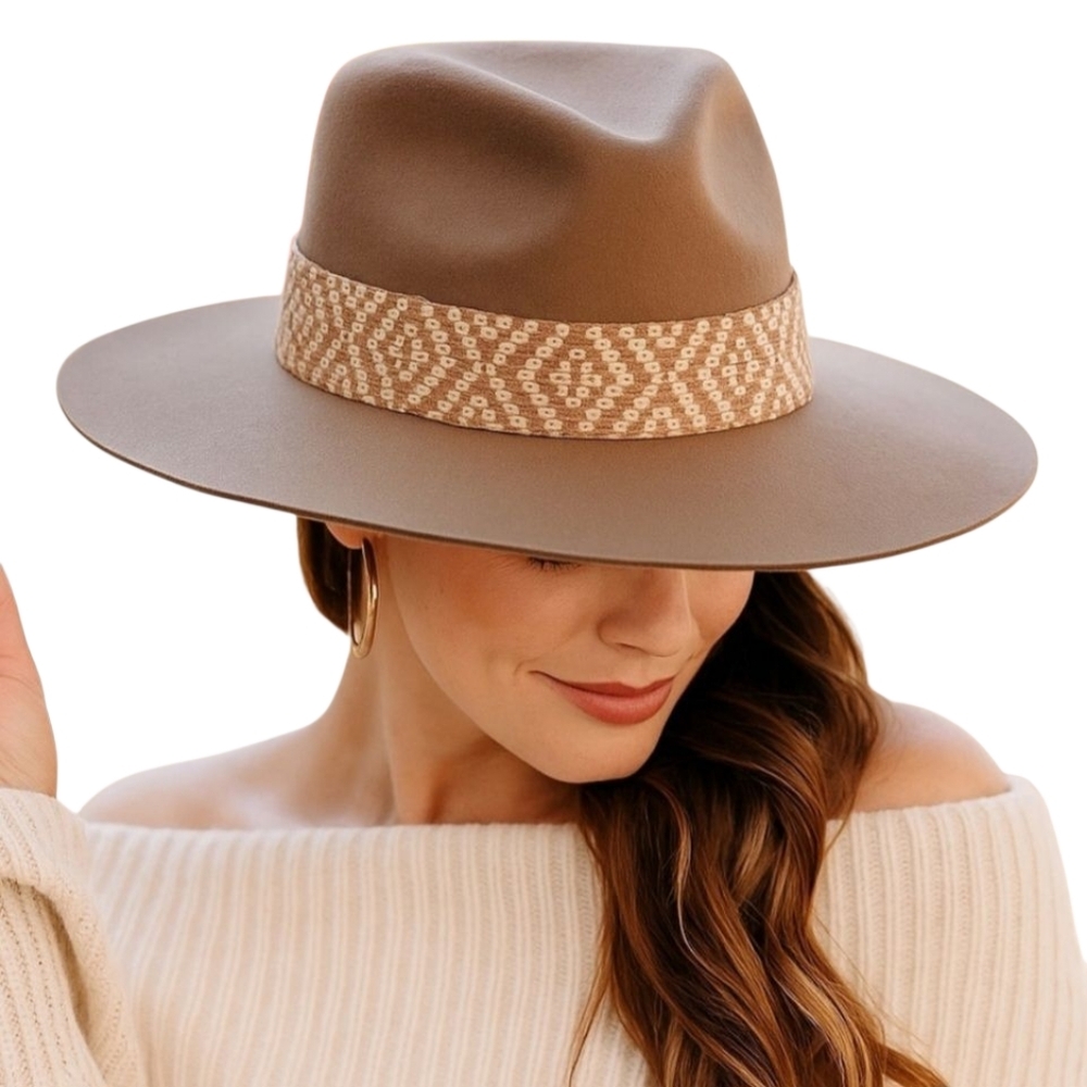 Olive & Pique Wool Fedora Hat Aztec Band Coastal Cowgirl Boho Adjustable - Picture 3 of 14